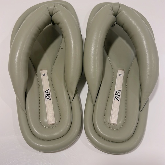 Zara Leather Pool Noodle Flip Flops Sage Green Sz 36 - Picture 6 of 8